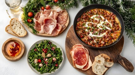 Christmas Festive Food Platter, Delicious Holiday Meal with Prosciutto, Baked Dish, and Salad
