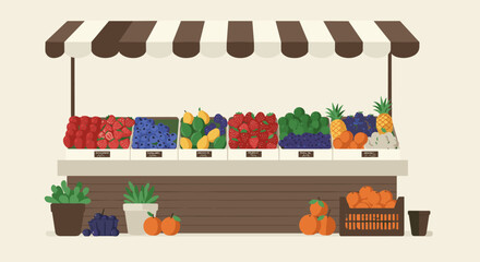 Fresh produce market stand showcasing fruits and vegetables urban environment illustration colorful view. Vector illustration