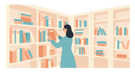 Book organization in a cozy library home interior illustration warm atmosphere eye-level view knowledge and learning. Vector illustration