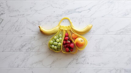 A yellow banana-shaped fruit holder with compartments, containing green grapes, strawberries, and an orange segment, rests on a marble surface