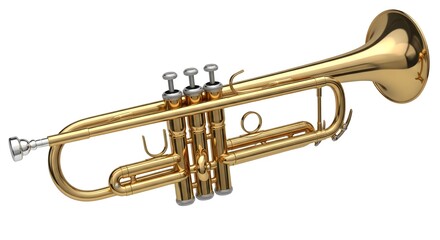 Obraz premium Golden brass trumpet isolated on white background, classic musical instrument with three valves used in jazz, orchestra, band, and symphony performances