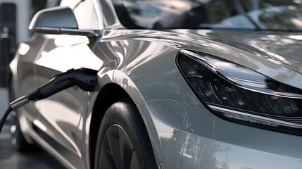 Close-up of Silver Electric Car Charging, Future Mobility, Sustainable Transport