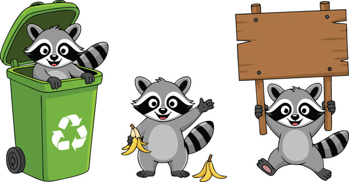 Cartoon Raccoons with Banana Peel, Recycle Bin, and Blank Wood Sign Illustration