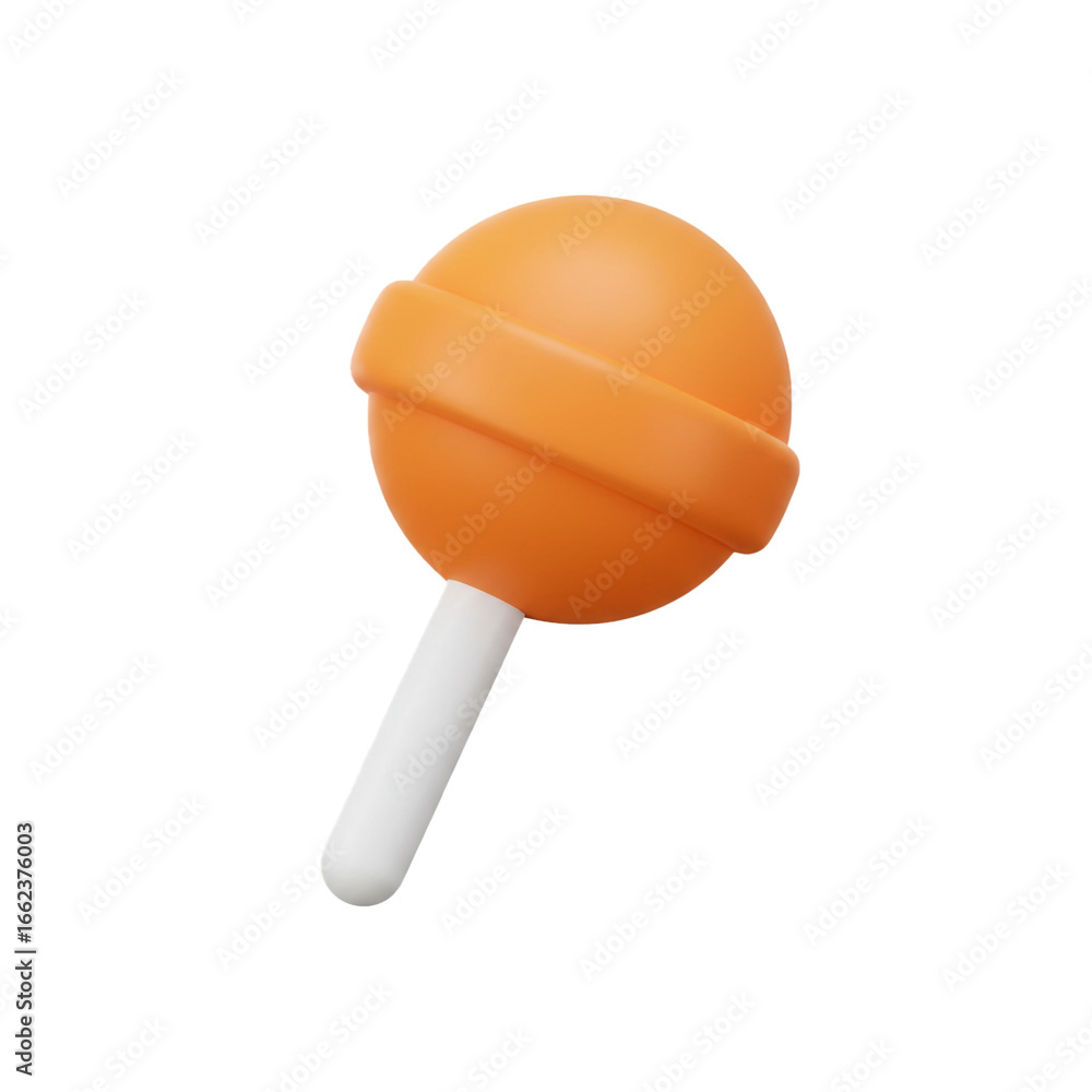 Poster a vibrant, three-dimensional rendering showcases a spherical, orange lollipop with a white stick, cr