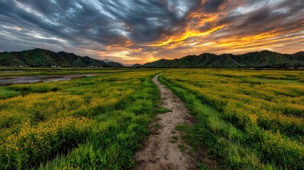 Fototapeta premium Pathway Through Field at Sunset