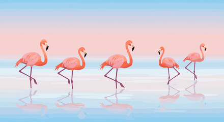 Obraz premium Flamingos walking gracefully at sunrise coastal beach digital illustration serene environment side view nature's beauty. Vector illustration