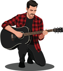 Obraz premium Man playing black acoustic guitar kneeling on floor wearing red plaid shirt and black pants vector illustration
