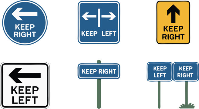 Cartoon Traffic Sign Illustrations Featuring Keep Left, Keep Right Directions, Isolated on White Background