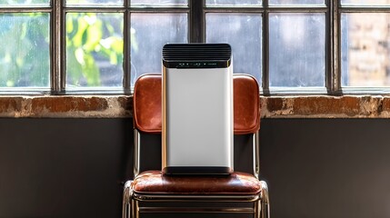 A sleek, silver air purifier sits atop a vintage brown leather chair, positioned before a large industrial window. Sunlight streams through the window, illuminating the scene