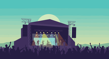Live music concert featuring bands outdoor festival venue digital illustration vibrant atmosphere audience perspective. Vector illustration