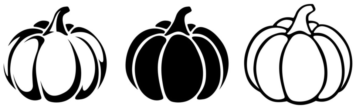 Pumpkins. Black and white contour and silhouette drawings of pumpkins isolated on a white background. Set of vector illustrations