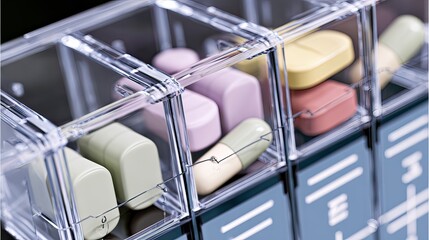 Close-up of a transparent, multi-compartment pill organizer filled with various colored pills and capsules.  The compartments are clearly visible, showing different types and amounts of medication