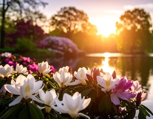 Sunset over a flower-filled pond