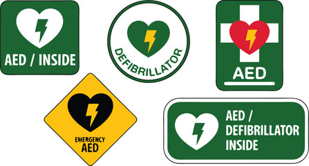 Collection of Illustrated AED Defibrillator Signs Featuring Hearts and Lightning Bolts on Various Backgrounds