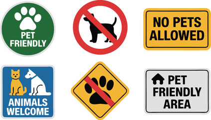 Obraz premium Collection of PetRelated Signage Pet Friendly, No Pets Allowed, Animals Welcome, Paw Prints