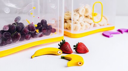 Two clear plastic containers hold frozen grapes and sliced bananas;  fresh strawberries and banana halves sit beside them on a white surface.  A hint of purple plastic is visible in the background