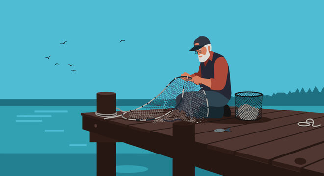 Fishing activity by the dock serene seaside location digital illustration tranquil environment aerial view traditional craft. Vector illustration
