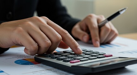 Close-up of Hands Using Calculator and Analyzing Financial Documents Charts and Graphs Business Accounting