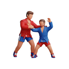 A dynamic 3d illustration of cartoon sports figures in Sambo martial arts, showing a coach training a young athlete.