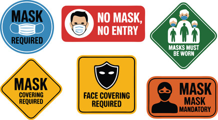 Fototapeta premium Collection of Varied Mask Required Signs, Detailing Mask Covering, Face Covering, and Entry Requirements