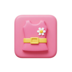 A vibrant, three-dimensional illustration showcases a stylish, pink dress with a yellow belt and a charming flower embellishment, set against a soft, pink background.