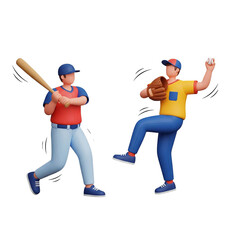 Friendly baseball competition captured in a colorful 3d cartoon sports illustration showing a pitcher and a batter in action.