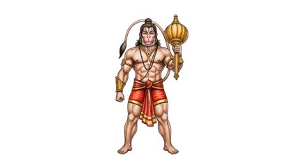 Hanuman, Hindu deity, stands in a pose of power and strength against white