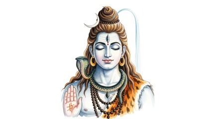 Watercolor rendition of Lord Shiva, hindu deity with serene expression