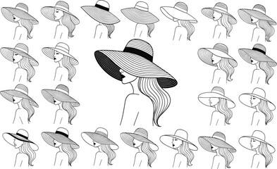Elegant wide‑brimmed hat illustration set, twenty artistic black and white portraits, stylish profile views, fashion vector art for design inspiration