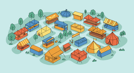 Festive market event colorful outdoor venue illustration vibrant environment aerial view community gathering. Vector illustration