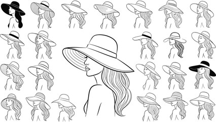 Elegant woman in wide‑brimmed hat illustration set, twenty angles, stylish profile portraits, flowing hair vector art for fashion and design