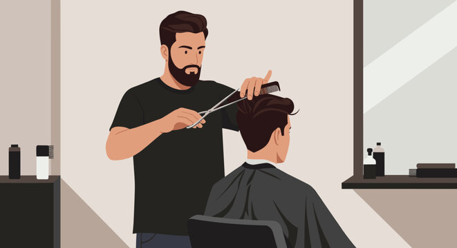 Haircut action by barber in modern salon setting with client indoor environment professional concept. Vector illustration