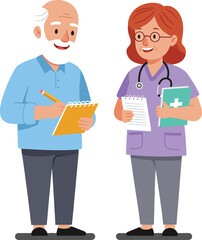 Fototapeta premium Elderly man and female doctor discussing medical notes in casual healthcare setting vector illustration