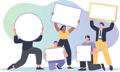 Diverse Group Holding Blank Signs Illustration of Protesters, Mockups for Your Text Here