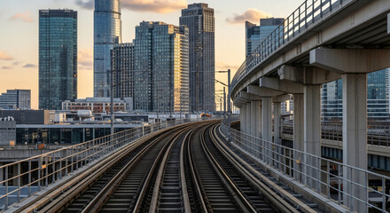 elevated railway tracks with supporting pillars against backdrop of contemporary office buildings