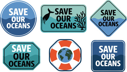Obraz premium Illustrated Save Our Oceans Icons Marine Life, Coral Reef, Globe in Lifebuoy, Ocean Conservation Graphics