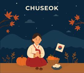 Chuseok Feast and Moonlight Festival Art. Woman with pumpkin 