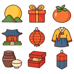 Set of icon for Chuseok festival. Korean Harvest Moon Festival Artwork
