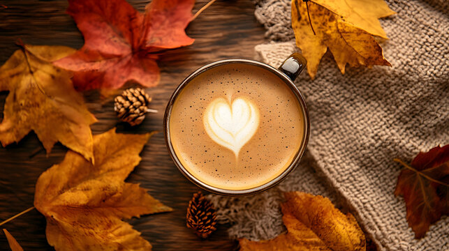 Autumn coffee cup flat lay with heart latte art, cozy warm background, brown leaves, pine cone, rustic wood, and textured fabric