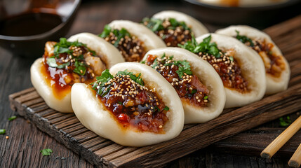 Steamed bao bun Asian street food pork filling sesame cilantro wooden board savory delicious traditional snack