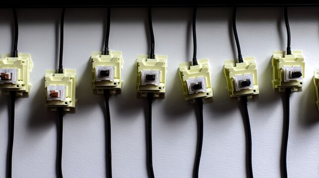 A close-up shows seven small, beige mechanical switches mounted in a row on a white wall, each connected by black wires, casting subtle shadows