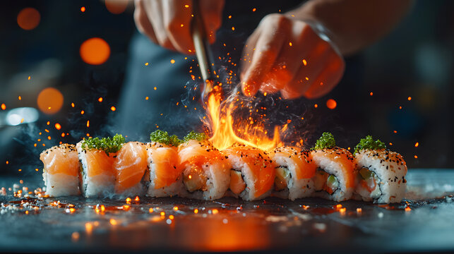 Aburi salmon sushi chef torching with fire, gourmet Japanese cuisine, vibrant, dramatic, delicious, festive, culinary art - Powered by Adobe