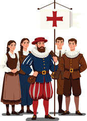 Group of historical people in traditional costumes holding flag with red cross vector illustration