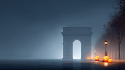 Naklejka premium Halloween background of pumpkin lanterns and open space in Paris