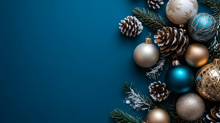 Christmas ornament pinecone fir branch gold blue white winter festive decoration flat lay create joyful holiday mood