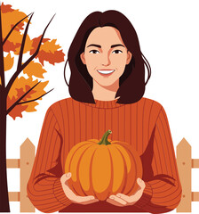 Woman holding pumpkin in autumn orange sweater with fall leaves and wooden fence background vector illustration