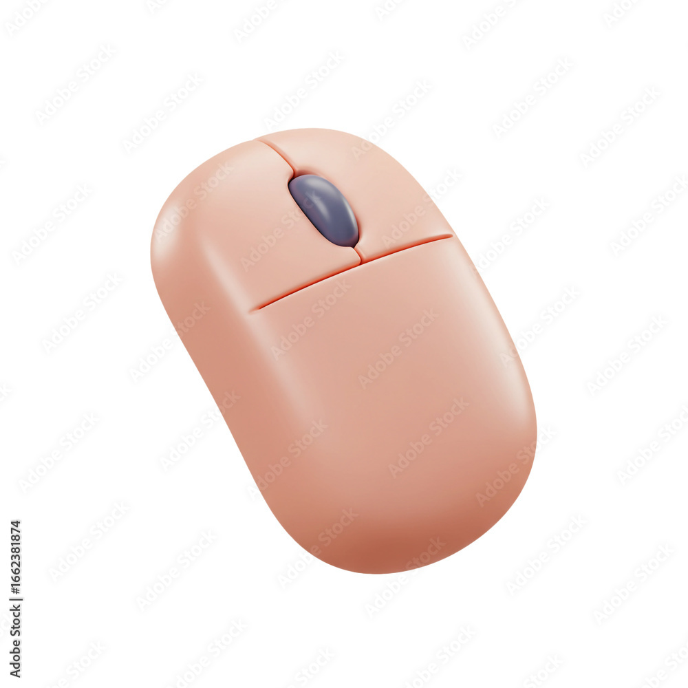 Poster a smooth, contemporary rendered computer mouse in a delicate peach tone with a prominent scroll whee