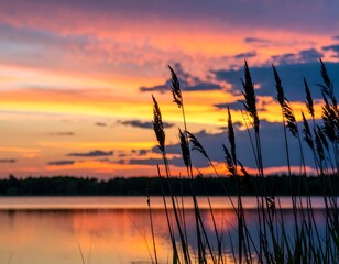 Sunset over a lake with reeds