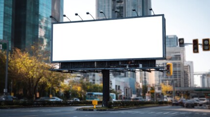 Fototapeta premium Beautiful photo of front view empty billboard mockup on a busy crossroads, daytime, urban signage and traffic lights.