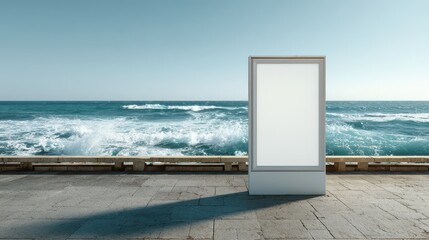 Beautiful photo of front view empty billboard mockup on a coastal pier, ocean waves, bright daylight.
